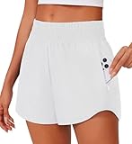 PINSPARK Laufhose Damen Sport Shorts Atmungsaktiv Wasserdicht Sporthose Herbst Elastisch Yoga Shorts 2 in 1 Wanderhose mit Reißverschlusstasche Weiß l