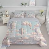 DLERFLOVR Bettdecke 200x200cm 4 Jahreszeiten, Cartoon-Heißluftballon Wende Steppdecke Kind Bettdecken Schlafdecke Waschbar Zudecke Vierjahreszeiten mit 2 Kissenbezug 80x80cm, Hellblau