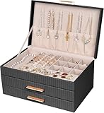 Dajasan Schmuckkästchen, Groß Schmuckaufbewahrung, 3 Ebenen Schmuckkasten, Schmuck Organizer mit 2 Schubladen für Ringe, Halsketten, Ohrringe, Uhren, Armbänder (Schwarz)