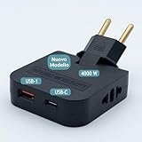 3-Stars Steckdosenleiste mit USB-C 4000. 4 Steckdosen: 1 USB-A + 1 USB-C-Anschluss + 2 klassische Steckdosen. Extraflaches Design für enge Räume, 180 ° drehbarer Kopf, schwarz.
