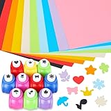 HAKACC Papierstanzer Motivstanzer Set, 10 Stück Motivstanzer und 20 Stück Tonpapier Bunt für Kinder DIY Scrapbook Fotoalbum Handwerk