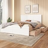 Merax Doppelbett Holzbett Stauraumbett mit 2 Schubladen 180x200 cm,Massivholzbett inkl.Lattenrost,Modernes Funktionsbett ohne Matratze – Weiß/Eiche