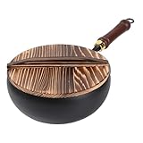 Kochwok, handgeschmiedet, unbeschichtet, hitzebeständig und vielseitig einsetzbar, mit Deckel, für das Kochen im Innenbereich, Camping, Zuhause, Küche, Restaurant, 24 cm, Eisen + Holz + Glas