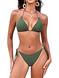 Svanco Triangel Damen Bikini Set mit Goldperlen, Neckholder Bikini Oberteil mit Polster und String Bikinihose zum Binden
