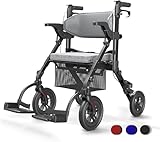 VOCIC 2 in 1 Rollstuhl Rollator Faltbar und Leicht mit Sitz,Outdoor Gummireifen für Allen Gelände,Leicht Rollatoren mit Netztasche,Aluminium Gehhilfer Transport-Stuhl,Obsidianschwarz(5 Jahre Garantie)