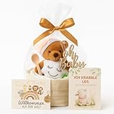 Windeltorte Mädchen & Junge mit Kuscheltier - Boho Windeltasche [Handmade] – Baby Geschenk zur Geburt mit Babylöffel, Premium Windeln & Bio-Tee – Windeltorte Neutral & für Babyparty