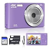 4K Digitalkamera, 44MP FHD Fotokamera mit Autofokus 16X Digitalzoom Fotoapparat Tragbare Kompaktkamera, 2.8' LCD Bildschirm,64GB Karte & 2 Akku für Teenager, Anfänger (Lila)
