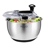 Peclio Groß 4,5L Salatschleuder Edelstahl 18/10 Hochwertige mit Transparentem Deckel, Rutschfestem Boden - Salad Spinner mit Kurbelantrieb - BPA-frei & Spülmaschinengeeignet, Schwarz