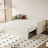 Polsterbett Ausziehbares Schlafsofa, 90*200 cm, Klassische Vollform mit Knöpfen, Mit Lattenrost, Multifunktionales Bett-Gästebett, Hautfreundlicher Samtstoff, (Matratze nicht enthalten) (Beige)