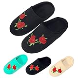 TDEOK Damen Hausschuhe Pantoletten Mit Blumen, Pantoffeln Winter Hausschlappen Bequeme Warme Paare Slippers Elegante Schlappen Breit Kuschelige Heimschuhe Drinnen Und Draussen Hauspatschen