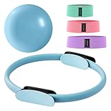 Trintion 14 Zoll Pilates Ring Set Magic Circle Mit Doppelt Gepolsterten Griffen 3 Widerstandsbändern (20/30/45 LBS) Rutschfestem Miniball Trainingsanleitung und Tragetasche (Blau)