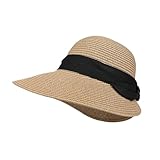 Feelorna Damen Strohhut, UV-Schutz Strohhut mit Breite Krempe Atmungsaktiv Strandhut Faltbarer Sommerhut für Reise Urlaub (DE/NL/SE/PL, Alphanumerisch, Einheitsgröße, Braun)