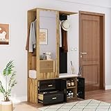 Oslghy Garderobenset, Wandgarderobe, Flurgarderobe Set mit Spiegel und Schuhschrank, Garderoben Set mit Ausziehbarer Kleiderstange, Kompaktgarderobe mit Schubladen und Türen, 100x38x180 cm (Schwarz)