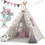 Spielwerk® Tipi Zelt für Kinder Indoor 130x130cm Set mit Bodenmatte Beige Rosa Kinderzelt Lichterkette Girlande Kissen Spielzelt Baumwolle Holz Tasche