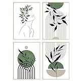 DEUXYU Premium Geometrie Deko Bilder 4er, A4 Moderne Grüne Pflanze Poster, Wohnzimmer Leinwandbilder, Hängende Gemälde Wandbilder, Kunstdruck Wandposter für Schlafzimmer, Büro, Flur, Eingang 21x30cm