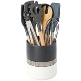 Toski Küchenutensilienhalter Keramik Groß, 13,2 x 15,9 cm Besteckhalter für Arbeitsplatte, Minimalistischer Stil Utensilienhalter für Küche Aufbewahrung, Goldene Streifen Besteckkorb, Schwarz und Weiß