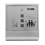 Grafner Edelstahl Briefkasten personalisiert, mit Zeitungsfach und 2 Schlüssel, moderner Postkasten mit Name Straße und Hausnummer, Wandbriefkasten graviert, incl. Montagematerial (Familie 4)