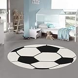Teppich-Traum Kinderteppich rund Fußball 3D-Effekt schwarz weiß weich Kinderfreundlich, 80 cm Rund