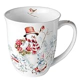 Ambiente Teetasse Kaffeetasse Becher Jumbotasse 0,4l sportlicher Schneemann Fine Bone China Porzellan Winter