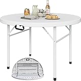 YITAHOME 122cm Runder Klapptisch mit Tragegriff Wetterfest für Outdoor/Indoor, Tragbarer Campingtisch mit Metallrahmen, Kunststoff Gartentisch mit 4cm Tischplatte für Party, Camping, Grill, Weiß