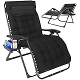 Sonnenliege Liegestuhl Klappbar & Wetterfest,Extra Breit Gartenstuhl Belastbar 200kg Ergonomisches Polster Verstellbare Rückenlehne Gartenliege inkl. Nackenkissen & Getränkehalter (Schwarz-83cm)