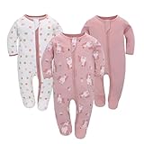 Neugeborenes Baby Jungen Mädchen Strampler mit Fuß Baby Schlafanzug Einteilige Lange Ärmel Overall Säuglings Frühling Herbst Body, 3er-Pack (Rosa, 3-6M)