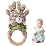 Baby Rasselspielzeug, Babyrassel mit Zahnen Ring, 0-6 Monate Baby Holz visuelle Rasseln, sensorische gehäkelte Hirsche ausgestopfte Tierspielzeuge für Neugeborene Kleinkinder 0,3,6,9,12,36 Monate