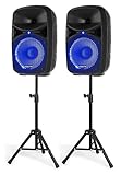 Vonyx VPS102A, Partyboxen mit Stativen max. 600W, Bluetooth, LED, Mikrofon, PA Lautsprecher Set mit Ständer, 10 Zoll Aktivboxen, USB, SD, MP3, PA Anlage Komplettset, DJ Boxen, Stativ Lautsprecherset