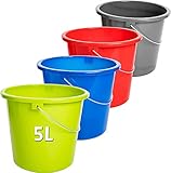 Eimer Modell Eco, Putzeimer 5L, 4 Stück Plastikeimer, 5 Liter Haushalteimer, Wassereimer, Farbe: anthrazit, rot, grün, blau; mit Messkala, lebensmittelecht, robuste & langlebige Qualität -