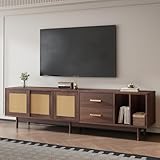 GEOKILO 190 X 40 X 52cm TV Schrank, TV Tisch Für 75 Zoll Fernseher, Speicherfunktion TV-Regal Mit 2 Schublade & 3 Rattan Tür, TV Lowboard für Wohnzimmer, Esszimmer, Schlafzimmer- Braunem Rattan MDF