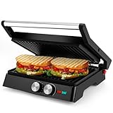 Pukomc Kontaktgrill, 1800W Contact Grill Plattengriller mit Antihaftbeschichtung, 60 Minuten Timer, 180º Öffnung，Sandwiches、 Steak und als Panini grill