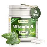 Vitamin A Tabletten - Extra hochdosierte 4.000 iE Retinol pro Tag (180 vegane Tabletten) - Unterstützt Sehkraft, Schleimhäute und Immunsystem - ohne künstliche Zusätze, ohne Gentechnik - Greenfood