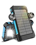 Power Bank 26,800 mAh mit Solar, Powerbank Externe Akkus 3 USB Anschlüsse mit DREI Modi Taschenlampen Dauerlicht/SOS/Stroboskop Saugnapfhalterung IPX7 wasserdichte Outdoor Powerbank für Handy Blau