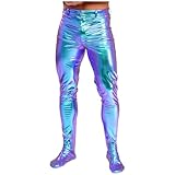 dPois Herren Metallic Strumpfhose Lang Pantyhose Skinny Leggings Tights mit Füßen Glänzend Unterwäsche Party Clubwear Blau 3XL