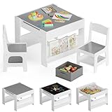 Clevich Kindertisch mit 2 Stühlen, Multifunktionale Kindersitzgruppe Holz mit Stauraum, Maltisch & Basteltisch für Kinder, Tisch & Stühle Set für Kinderzimmer, ab 3 Jahren (Grau)