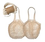 Susable 2 Stück Einkaufstasche - Wiederverwendbar, Plastikfrei, 100% Bio-Baumwolle,Faltbar Netzbeutel mit Langer Griff für Lager Obst Gemüse Markt/Lebensmittel einkaufen