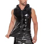 Generisch Schwarz,M, Männer Sexy Spiegel Lackleder Freizeit Reißverschluss Mit Kapuze Ärmellos Weste Mantel Nachtclub Bühne Zeigen Kleidung