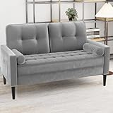 Aotumm Ciort 2 Sitzer Sofa, Kleine Sofa, Samt Couch Sofa mit 2 Kissen und Armlehnen, Mid-Century Moderne Couch, 2er Couch Loungesofa, Bequemes 2-Sitzer Sofa für Wohnzimmer, Schlafzimmer, Hellgrau