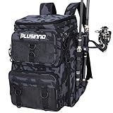 PLUSINNO Angelrucksack mit Rutenhaltern, 42 l, groß, wasserdicht, Angelausrüstung, zum Angeln, Camping, Wandern, Angeln, Geschenke für Männer, Vater, Schwarz Camo