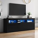 Merax Hochglanz TV Schrank mit LED-Beleuchtung, App Steuerung, mit 3 offenen Fächern, 2 Türen, 2 Schubladen, Lowboard Sideboard TV-Kommode Fernsehtisch für 70-Zoll-TVs, Schwarz/160x35x60cm
