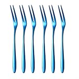 6 x Edelstahl-Obstgabeln, Mini-Lebensmittel-Picker für Kuchen, Dessert, Sushi-Snack, 304 Edelstahl, 13 cm, 6 Stück (Silber) (Blau)