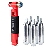 GEWAGE CO2 Pumpe Fahrrad - Kompakte CO2 Kartusche Fahrradpumpe mit 2 Reifenhebern und 5x16g CO2 Kapseln, kompatibel mit 12g/16g/25g, für Presta & Schrader Ventile (Rot)