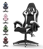 bigzzia Gaming Stuhl Ergonomisch Gaming Chair mit Lendenkissen und Kopfstütze, Gamer Stuhl Höhenverstellbar, Pc Stuhl für Erwachsene Mädchen Junge, Schwarz-weiß