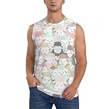 Ärmelloses Herren-T-Shirt, sportliches Sommer-Workout-Tanktop, schnell trocknend, Strand, lässig/niedliches buntes Schaf-Cartoon-Muster/ärmelloses Hemd, Rundhalsausschnitt, lockere Weste, Schwarz ,