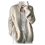 VATIVA Damen 100% Kaschmir Lose Dünner Reißverschluss Pullover Dicker Hochhals Kaschmir Strickjacke (Farbe: ECRU, Größe: XL)