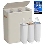 SONGMICS Wäschekorb, 190 L Wäschesammler 3 Fächer, Wäschesortierer, leichter Aufbau, mit Deckel und Griffen, herausnehmbarer Wäschesack, 64 x 40 x 75 cm, cappuccinobeige LCB814LH01