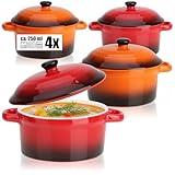 com-four® 4x Auflaufform mit Deckel aus Keramik - Dessertschale für z.B. Ragout fin in orange und rot, 250/175 ml je Form (4 Stück - orange. rot)