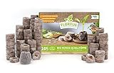 FLORTUS BIO Kokos Quelltöpfe | 105 Stück (36 mm) mit organischem BIO Dünger | Anzuchterde Kokos torffrei & biologisch abbaubar | Alternative zu Quelltabletten | Anzucht für Samen & Stecklinge