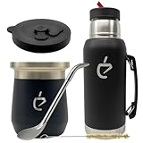 Yerba Mate Un Mate MateGo Termolid DualFlow PRO Obsidian Black - Thermoskanne 1000 ml, Matero 230 ml, Bombilla, Reiniger, Präsent Premium (Black)