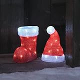 Lights4fun Set Acryl LED Nikolausstiefel und Weihnachtsmütze Figur innen und außen Weihnachtsfigur Nikolaus Deko Weihnachtsdeko Weihnachtsbeleuchtung Außen